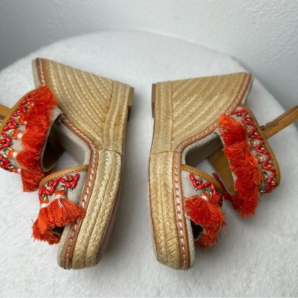 Tory Burch Women's 7M Vibrant Orange and Tan Espadrille Wedges Sandals Boho - Picture 15 of 15